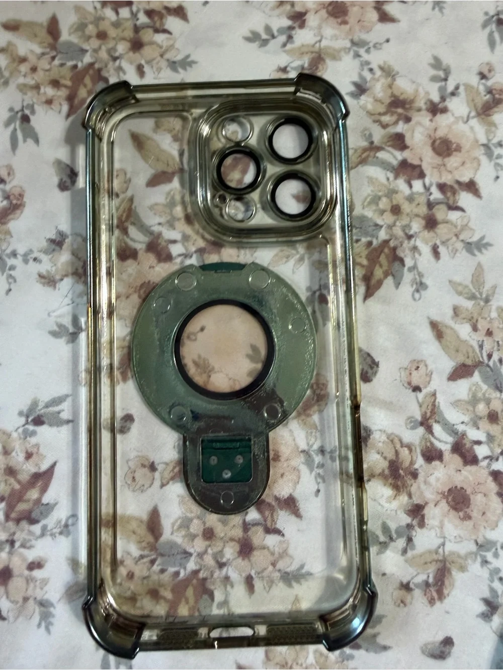 Amazon Clear Phone Case with Green Ring Mount and Black Camera Rings 16 pro max